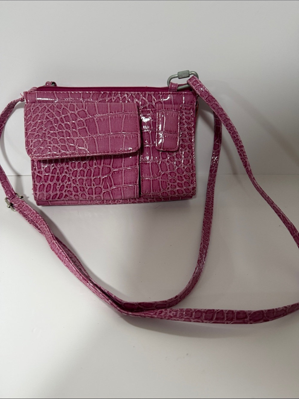 mundi Glossy Faux-Croc Pink Crossbody Bag